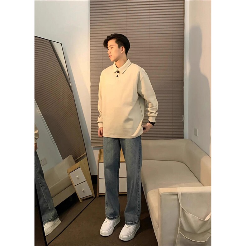 抖音得物高品质二开230克精梳珠地光版纯色宽松长袖T恤翻领POLO衫,男装T恤,电商A443