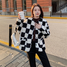 新款小香风水波纹棋盘格羊羔毛加厚，女装羊羔毛/颗粒绒，菡迪欧娜