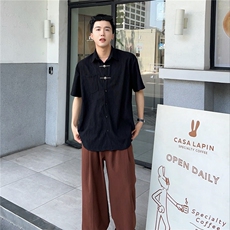 陈大富风肌理感金属扣衬衫男夏季设计感宽松纯色翻领短袖衬衣，男装T恤，星座506A