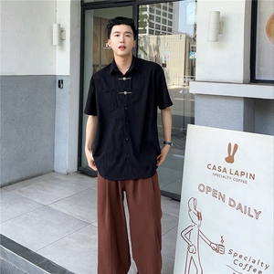 陈大富风肌理感金属扣衬衫男夏季设计感宽松纯色翻领短袖衬衣图片
