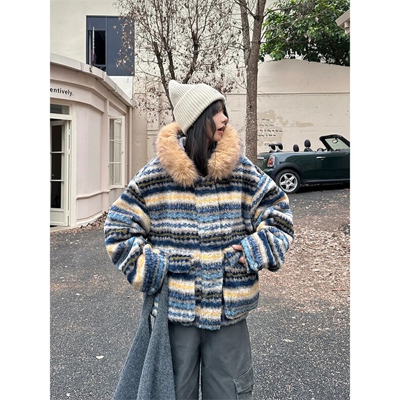 网图有货 条纹毛领可拆线连帽棉服外套男女保暖棉衣 A1117-P130图片