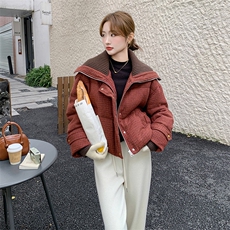 小香风红格子羽绒服女冬季针织大翻领短款面包服小个子流行，女装羽绒服，2C203