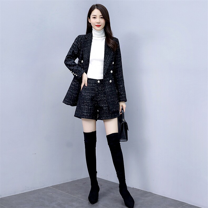 清仓春秋新款女装时髦格子毛呢小西装外套百搭短裤呢子,女装职业装,韩美纤衣