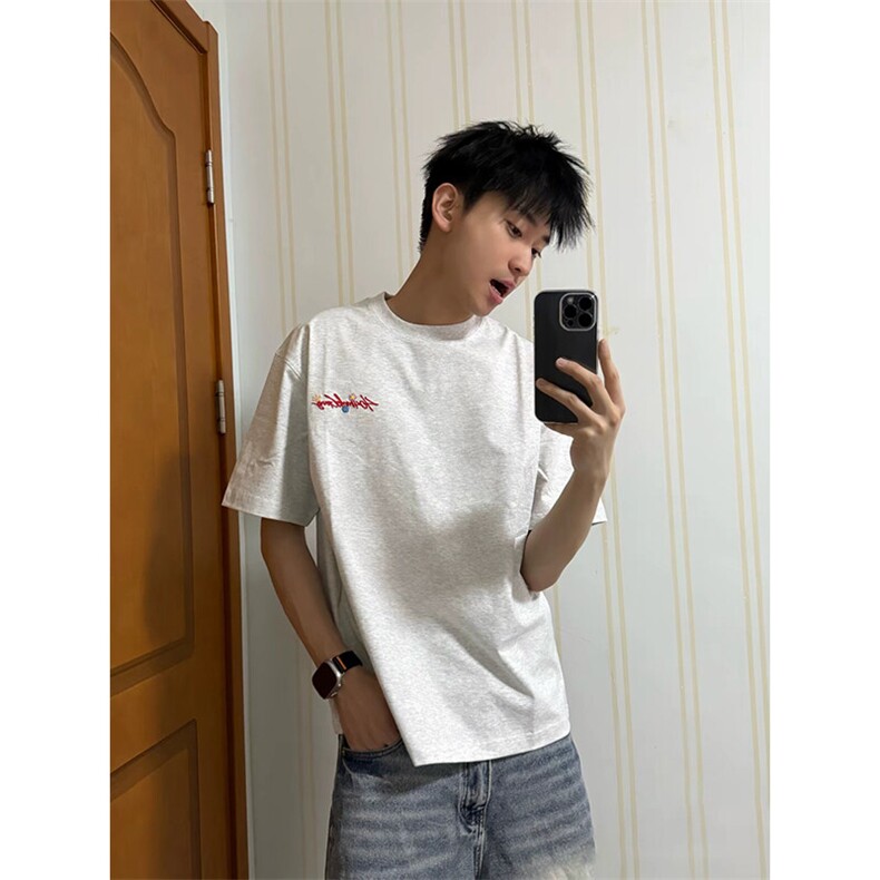 万针全刺绣工艺抖音得物高品质260克重磅纯棉双纱美式高街短袖T恤,男装T恤,电商A486-1