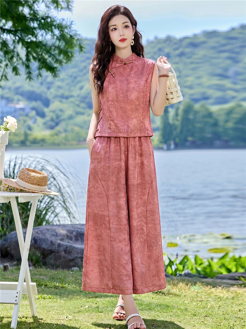 现货2026夏季新中式老钱风提花新款套装两件套,女装套装/套裙,伊仟回
