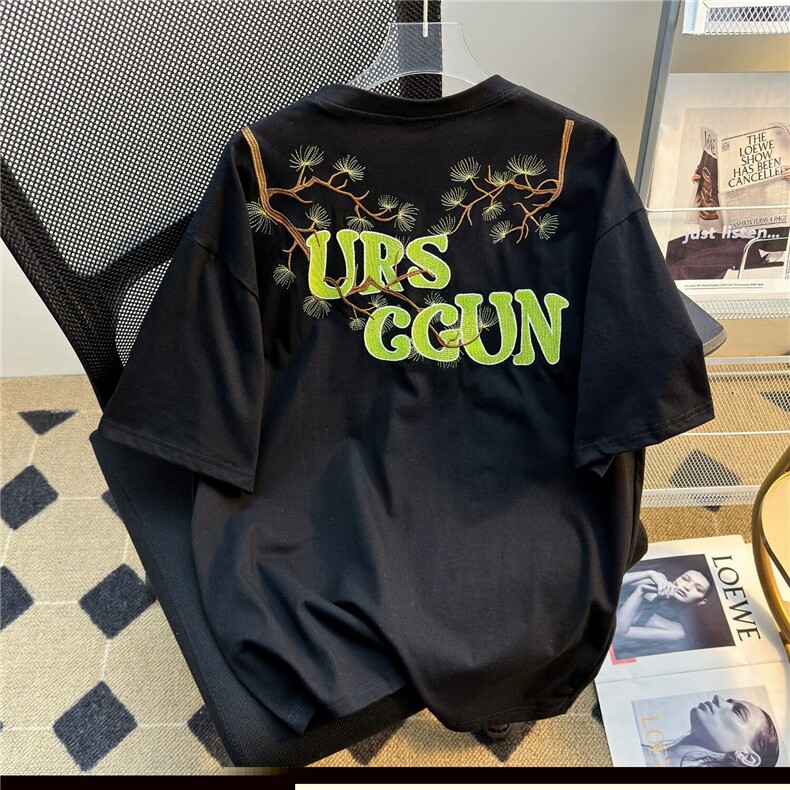 迎客松植绒刺绣t恤男款夏季美式高街潮牌短袖青少年痞帅纯棉半袖,男装T恤,星座1013