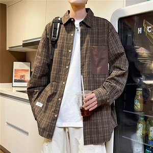 美式复古格子衬衫男秋季新款潮牌宽松长袖衬衣青少年休闲图片