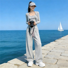 女春新款欧货时尚休闲套装修身显瘦开衫上衣内搭吊带阔腿裤三件套，女装套装/套裙，江南