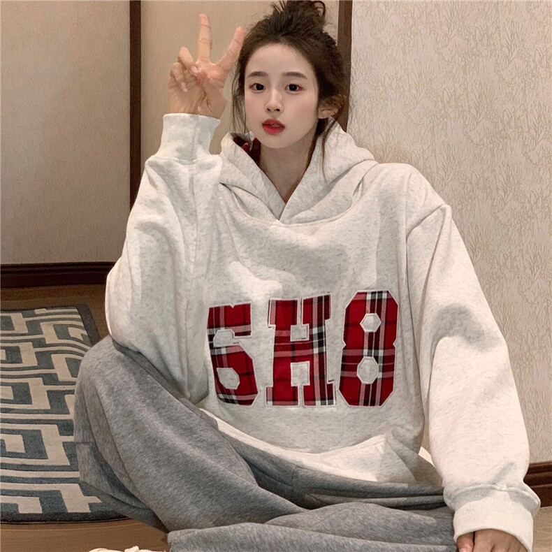 EE166-P75华棉加绒加厚卫衣女秋冬宽松设计感刺绣连帽保暖上衣,男装卫衣,星座911-3