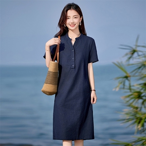 亚麻连衣裙2025夏季新款短袖中长款宽松显瘦大码胖MM妈妈棉麻裙子图片