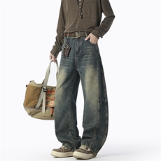 美式拼接弯刀牛仔裤潮牌新款宽松直筒阔腿复古长裤子，男装牛仔裤，星座1504（原917）