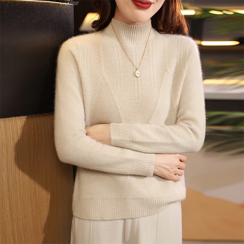 时尚百搭女士羊毛衫七针一先半高领设计羊毛保暖舒适，女装羊毛衫，暮绒羊羊绒