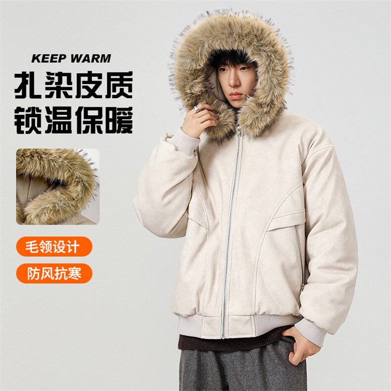 现货 扎染PU皮棉服男冬季加厚连帽棉衣座山雕大毛领外套M090-P120图片