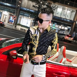 2021春秋衬衫社会男长袖上衣印花男装韩版修身四季潮流衬衣Q862-P55图片