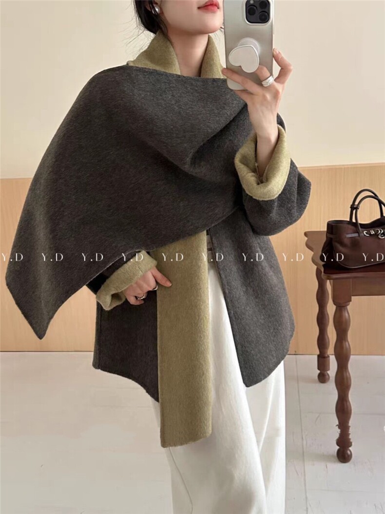 25冬季中长款围巾披肩高级感宽松显瘦慵懒羊毛外套（含，女装双面呢大衣，依嘟服饰