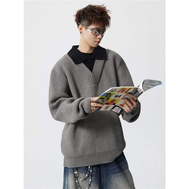 8845-P752025年秋冬季新款休闲毛衣男士时尚翻领长袖宽松针织衫，男装针织衫/毛衣，电商A113