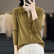 秋季新款女士简约时尚百搭包芯纱polo领针织开衫，女装针织衫/毛衣，思牵羊绒