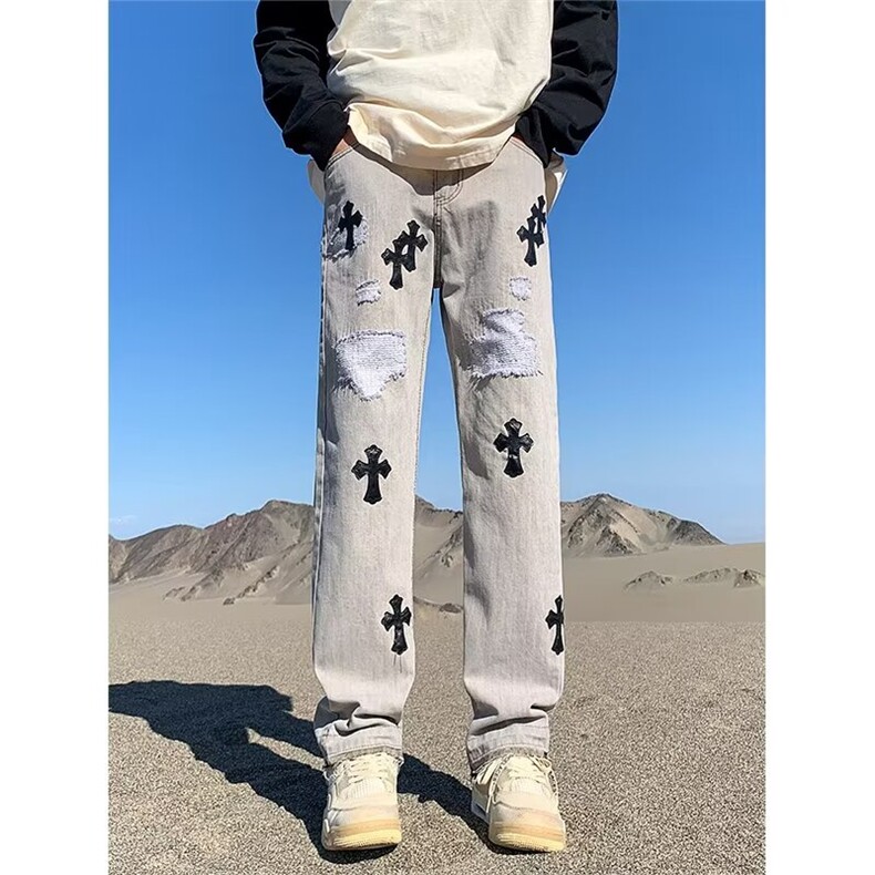 毛边牛仔裤男士春季潮牌美式高街宽松直筒潮流设计感补丁长裤子,男装牛仔裤,星座410-7