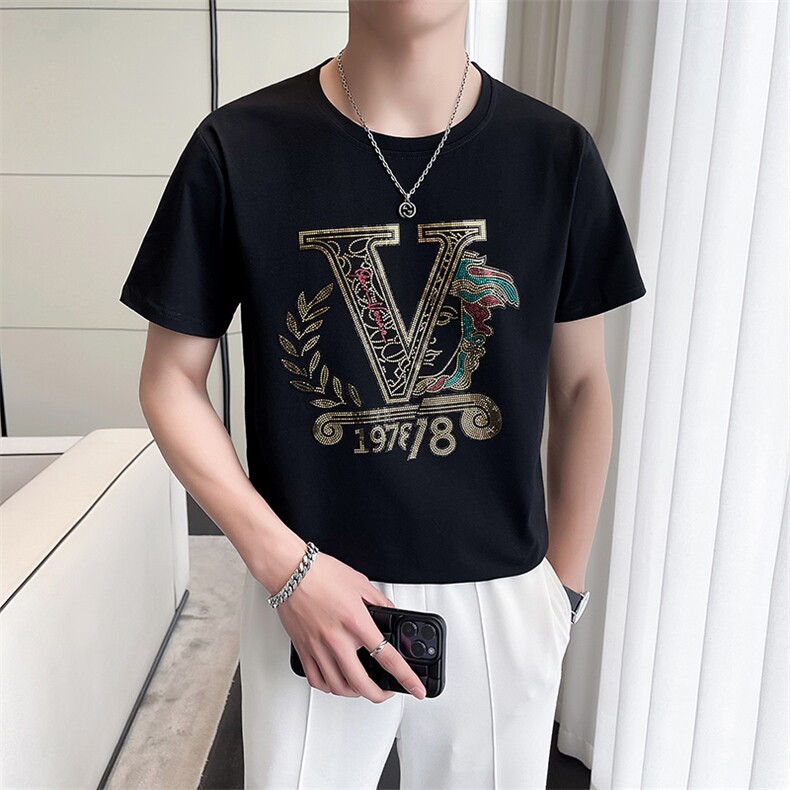 轻奢风短袖T恤男社会小伙重工亮片高端丝光冰丝体恤DXA960-P45,男装T恤,星座1207-1