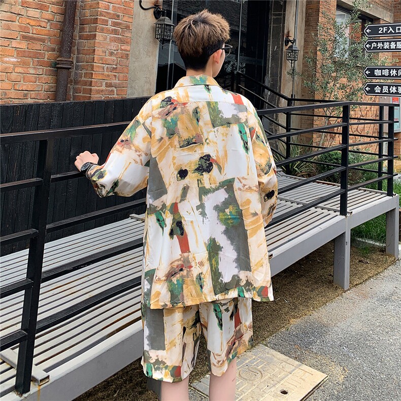 2025夏水墨画冰丝凉感短袖五分袖衬衫薄套装TZ5678/特P50卡其3,男装休闲套装,电商A094