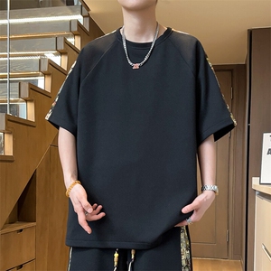 落肩袖t恤男夏季拼接小熊男士体恤潮五分袖上衣圆领A266-T199-P22图片