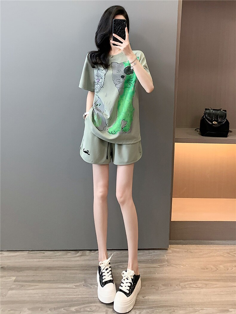 高级感时尚潮流套装女夏新款宽松圆领卡通印花上衣阔腿短裤两件套,女装套装/套裙,江南