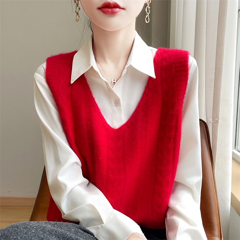 v领新款针织马甲女麻花纯色马甲简约百搭宽松套头通勤,针织衫/毛衣,戎洋