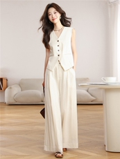 棉麻马甲阔腿裤套装女夏2026新款V领无袖收腰显瘦休闲两件套米白，女装套装/套裙，艾米