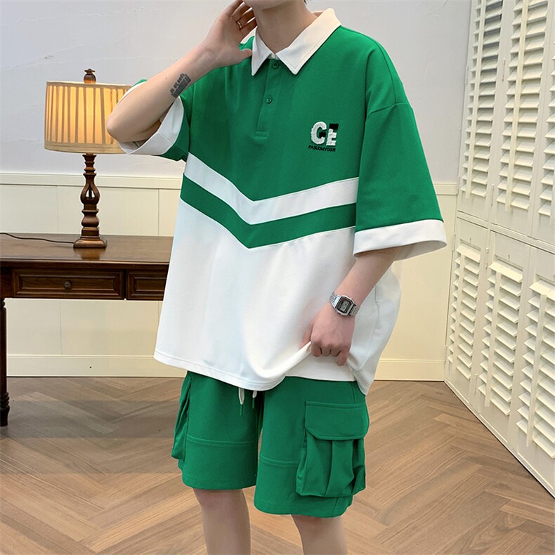 夏季港风短袖POLO衫运动冰丝套装男情侣T恤短裤两件套潮6628-P60，男装T恤，电商A441-1