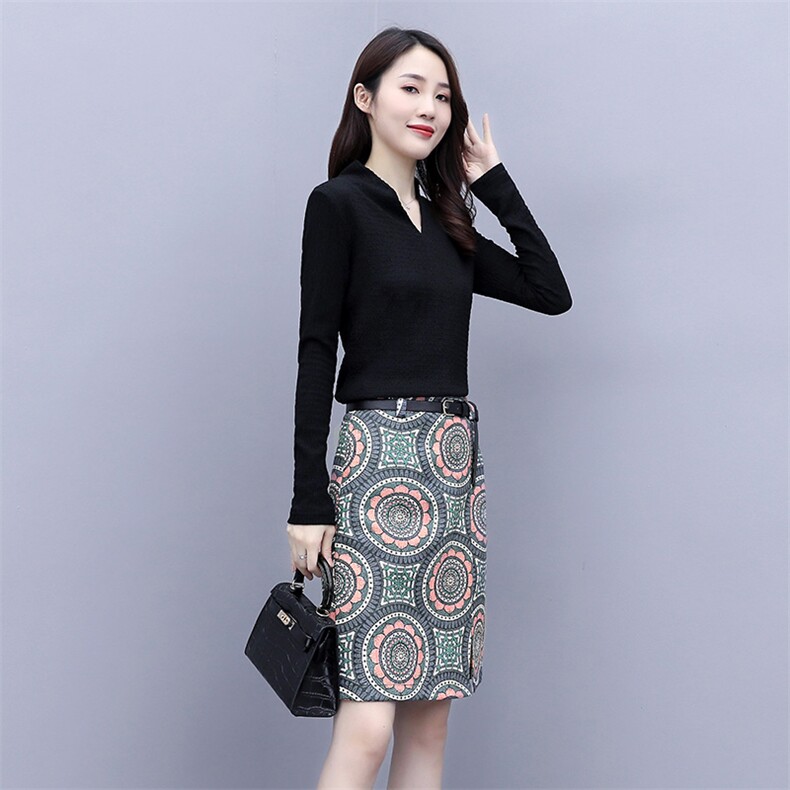 2023春季新款时尚优雅舒适高弹V领上衣+半身裙配腰带两件套,女装套装/套裙,岚衣(原川流布茜）