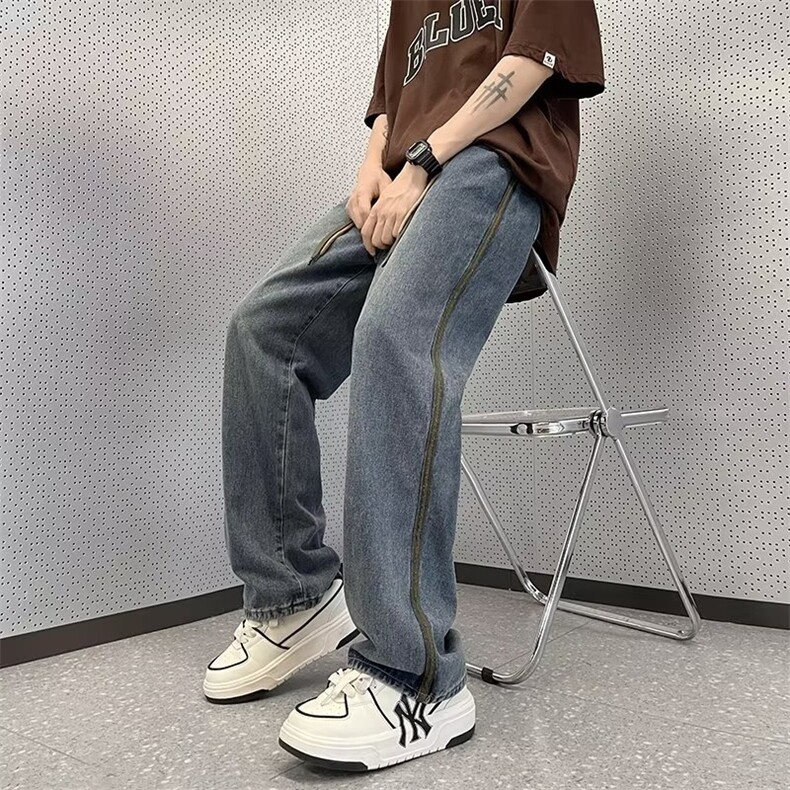 美式高街复古牛仔裤男夏季小众设计感宽松直筒痞帅裤子N07196-P42图片