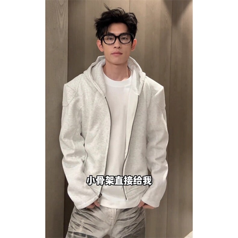 白花灰垫肩机车卫衣外套男秋春季短款显壮高美式cleanfit连帽夹克,男装夹克,星座506A