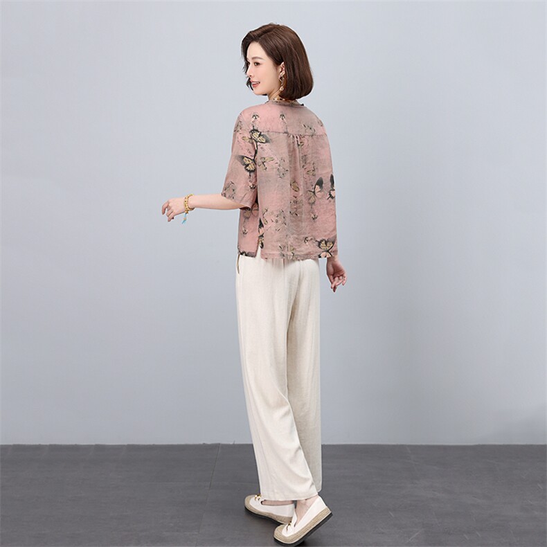 中式复古盘扣苎麻印花2025年夏装新款高端面料套装,女装套装/套裙,凝聚力