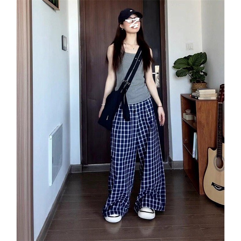 美式高街潮牌男女泡泡格子休闲裤直筒宽松慵懒显瘦阔腿休闲长裤子图片