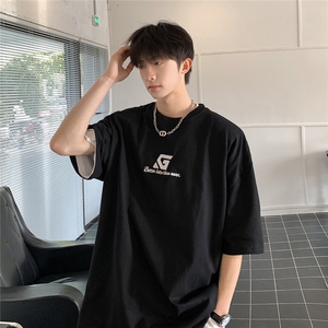 港风字母刺绣多色短袖T恤男DT77778P22块特价控45：供抖音视频图片