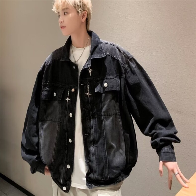 小众金属垫肩牛仔夹克男宽松春秋季水洗做旧复古短款外套-JK0011,男装夹克,星座601-2
