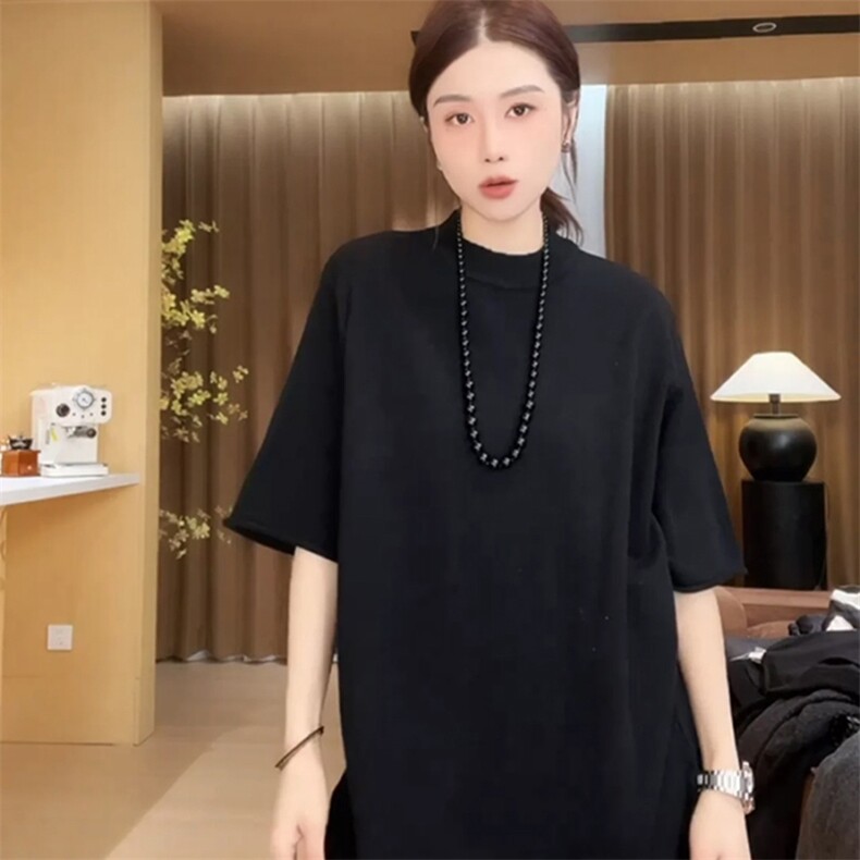 2025年夏季通勤中长款时尚百搭短袖,女装T恤,贝美羊绒