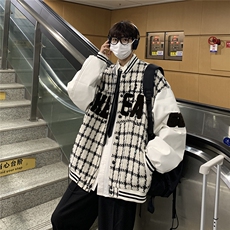 EQ85毛巾绣棒球服外套男格子编织夹克2024新款春装港风P113，男装夹克，电商C306-1