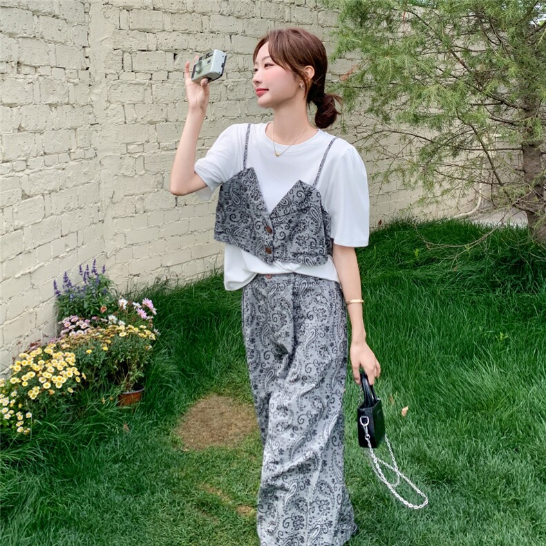 高级感淡人印花假两件T恤两件套女2025夏季甜酷风阔腿裤两件套女图片
