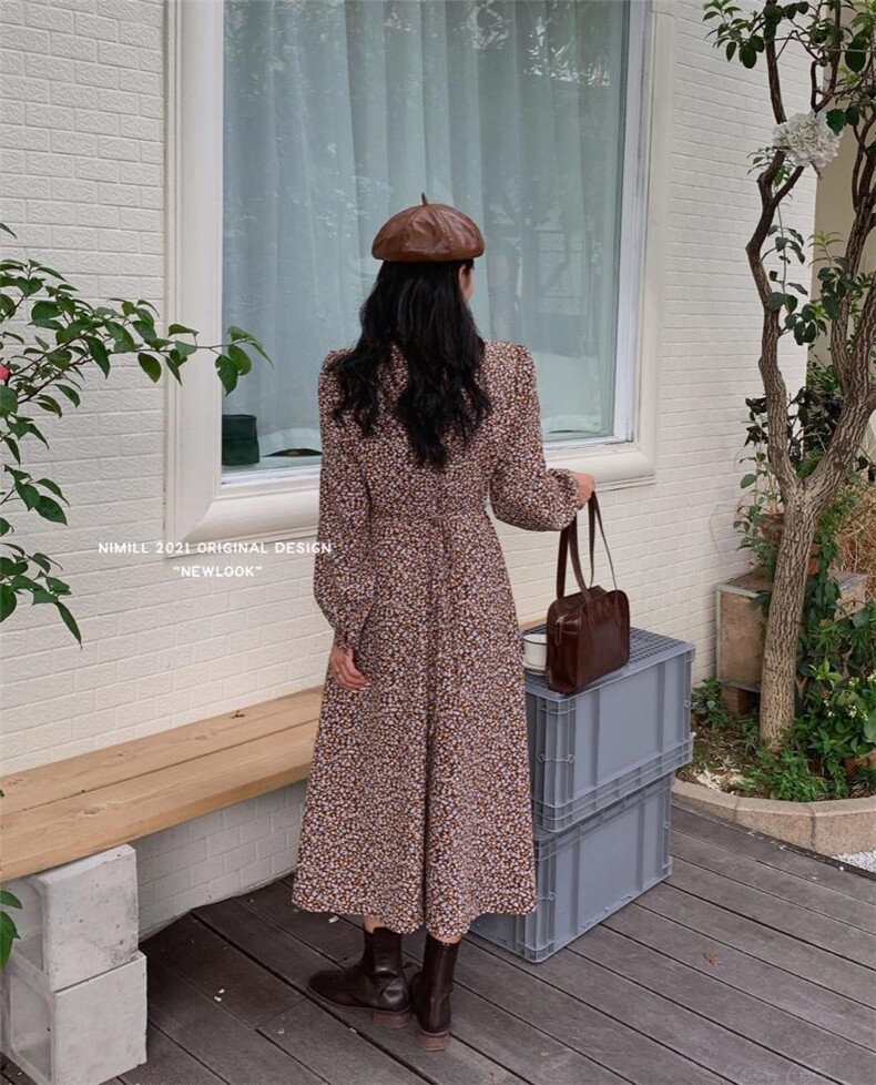 韩系法式V领复古秋冬碎花连衣裙，女装连衣裙，BoRan帛然