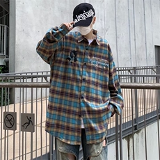 美式街头复古格子长袖衬衫男潮牌嘻哈刺绣宽松CS128-P46，男装衬衫，星座1109-3