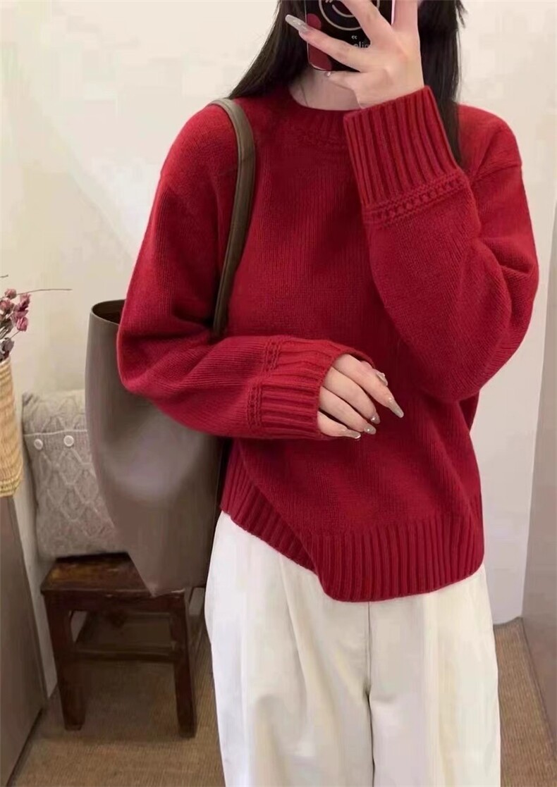 圆领羊毛衫女宽松软糯慵懒风羊毛短款纯色打底衫图片