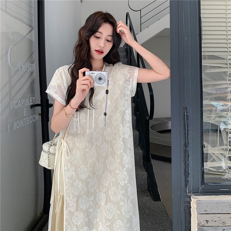 新中式国风设计感蕾丝刺绣罩衫连衣裙叠穿套装两件套女夏季新款,女装连衣裙,2C275