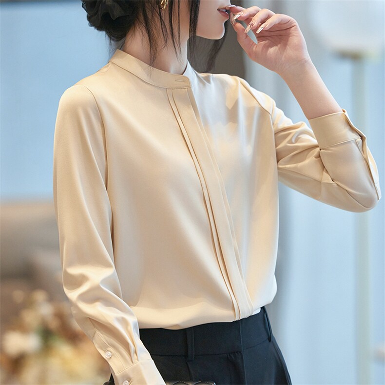 2025年夏季七分袖百搭立领修身型有内涵得缎面衬衫,女装衬衫,帝知娇羊绒