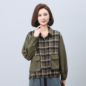 时尚格子拼接长袖衬衫女宽松显瘦百搭休闲上衣秋装新款韩版衬衣图片