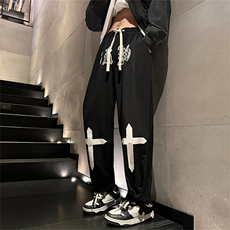 K8028/P55秋装新款现货港风印花个性潮休闲裤男宽松大码束脚裤男，男装休闲裤，电商A141