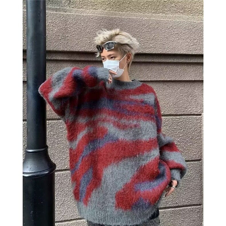 美式复古条纹绿色毛衣男款秋季韩系慵懒风格穿搭潮牌毛线衣外套图片