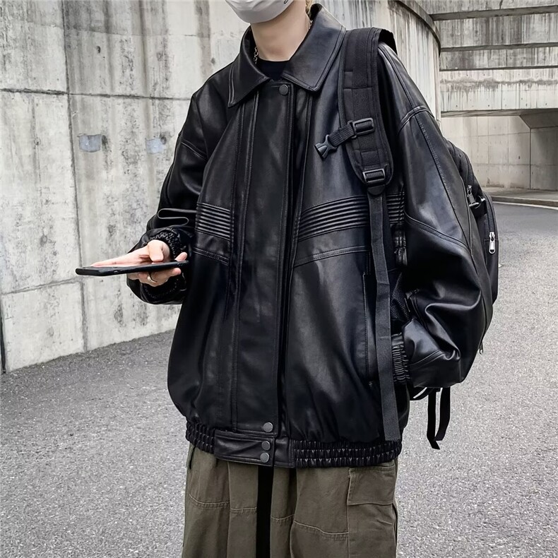痞帅机车PU皮衣夹克男宽松休闲美式复古派克服重工设计感外套男生,男装夹克,星座410-7