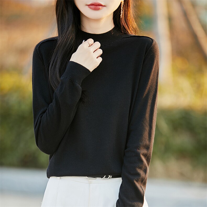 精纺细毛半高领针织打底衫女2025春秋新款显瘦洋气薄款内搭毛衣,女装羊毛衫,片语羊绒
