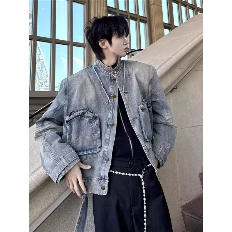 CY99-P78 多口袋工装牛仔外套男春秋款美式复古扎染上衣酷帅图片